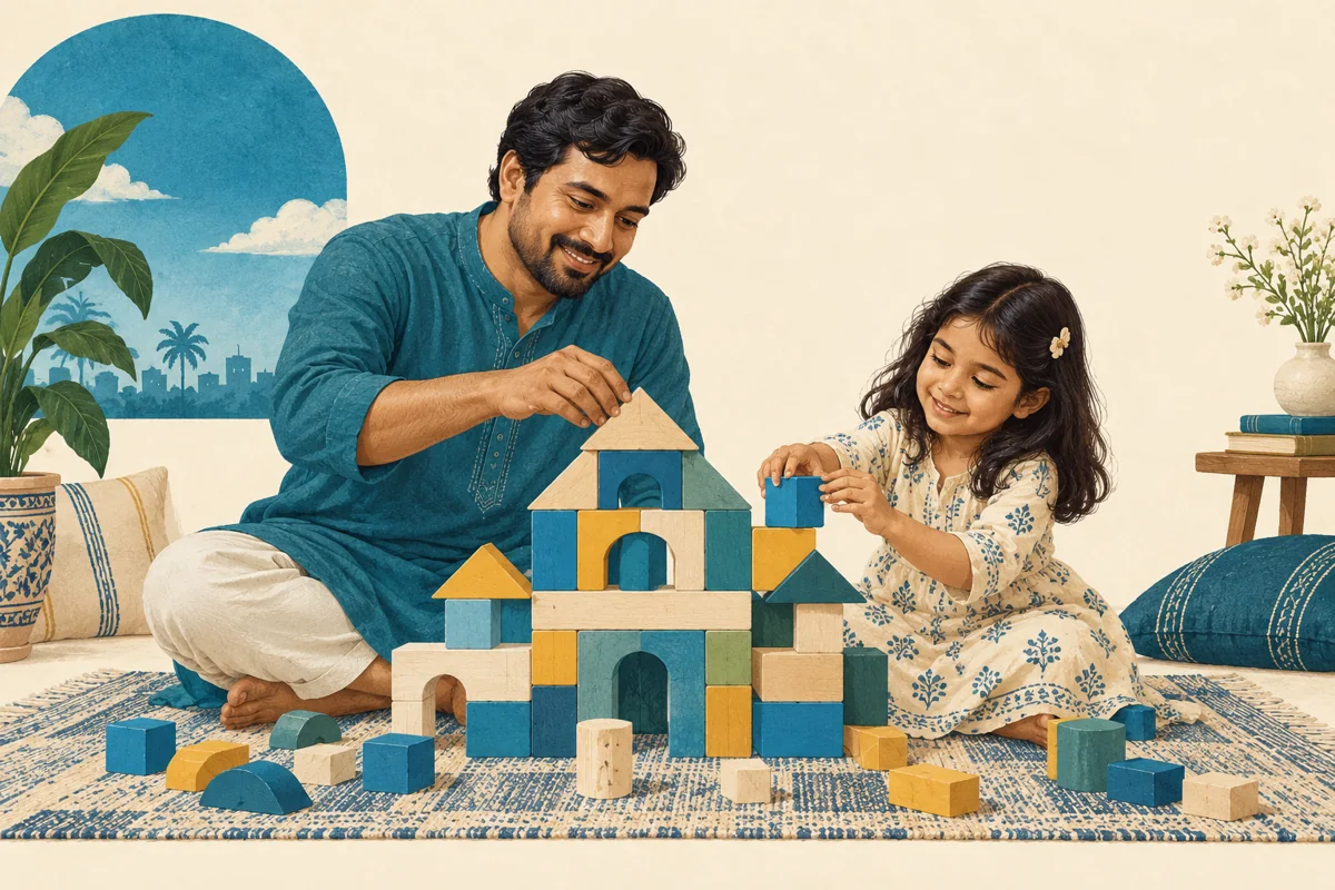 বাবা ও শিশু মেঝেতে বসে রঙিন ব্লক দিয়ে ঘর বানাচ্ছেন