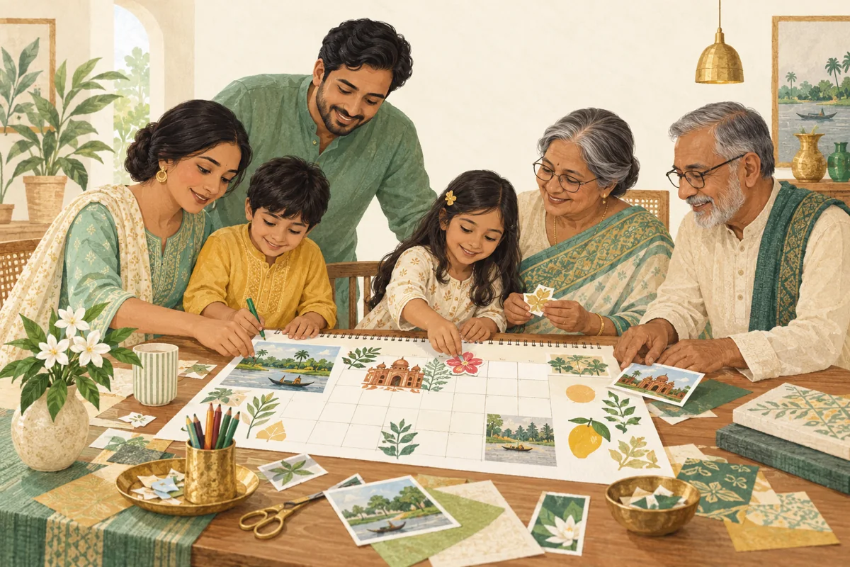 পরিবারের কয়েক প্রজন্ম টেবিলে বসে কাগজ ও ছবি দিয়ে কাজ করছেন
