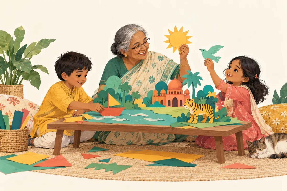 A grandmother and two children making shapes with coloured paper at a table